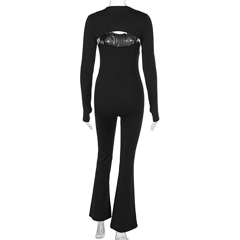 Spring Women Solid Color Long Sleeve Tight Braces Hip Lifting Jumpsuit Two Piece Set