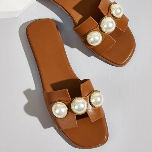 Pearl Flat Slippers Women Lightweight Low Heel Outerwear Beach Slippers Supply