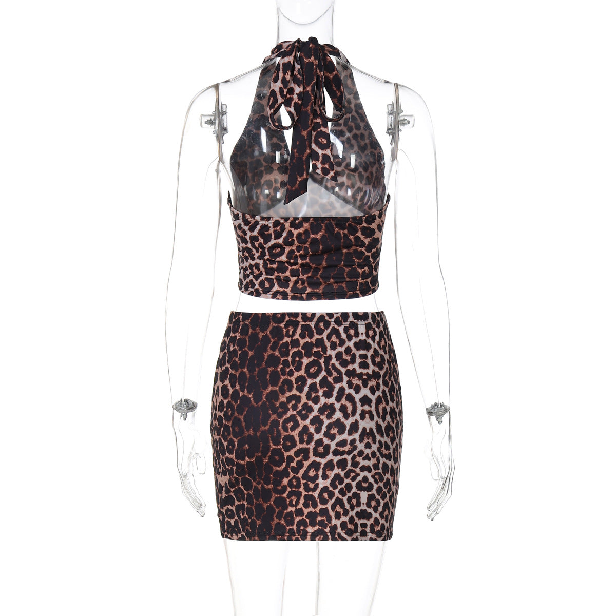 Summer Women Leopard Print Printed Sexy Halterneck Vest Hip Skirt Two Piece Sets