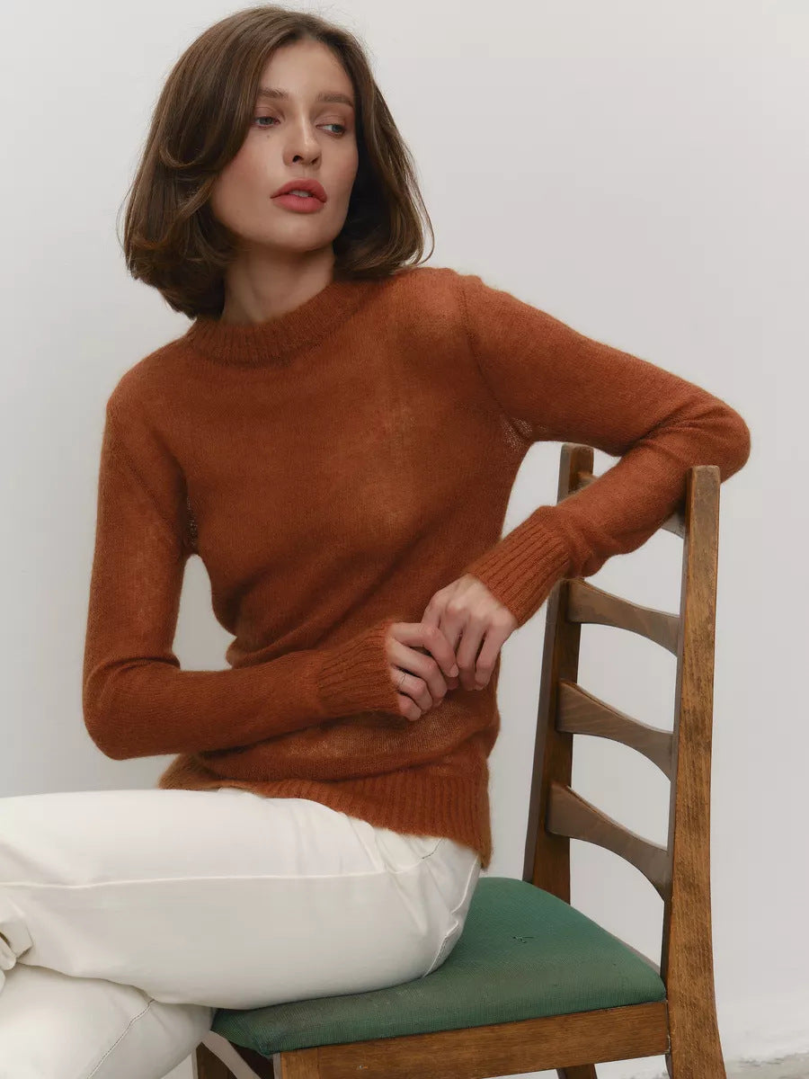 Spring Summer Thin Sweater Blouse Women round Neck See through Basic Knitwear Candy Color