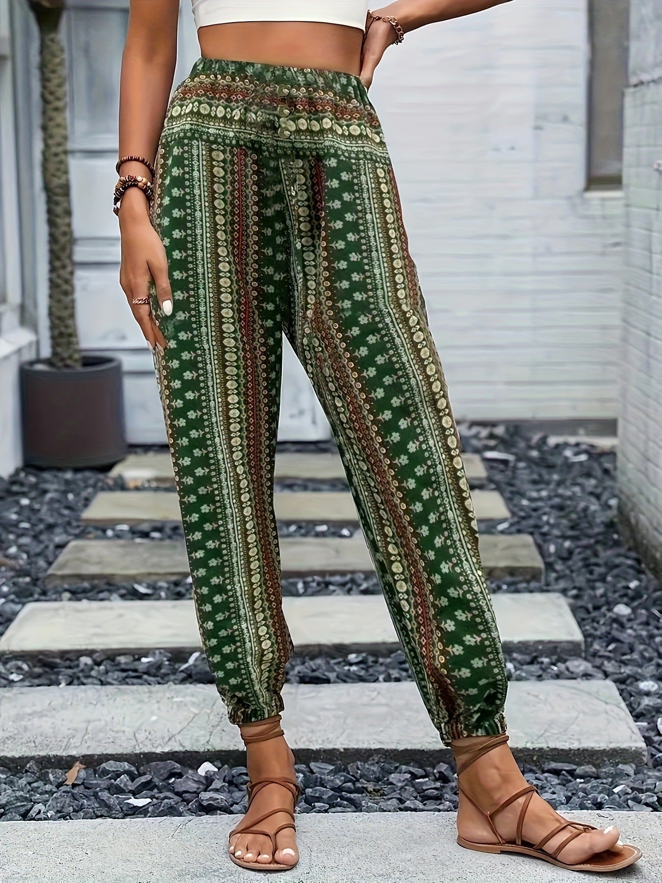 Spring Summer Women Clothing Bohemian Ethnic Print Loose Slimming Draping Effect Elastic Waist Ankle Tied Casual Pants