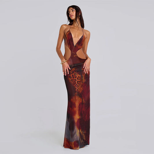 Autumn Elegant Sexy Slim Leopard Print Print Holiday Hollow Out Cutout Dress