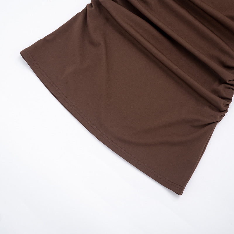 Women Clothing Spring Summer Solid Color round Neck Waist Sheath Pleated Dress