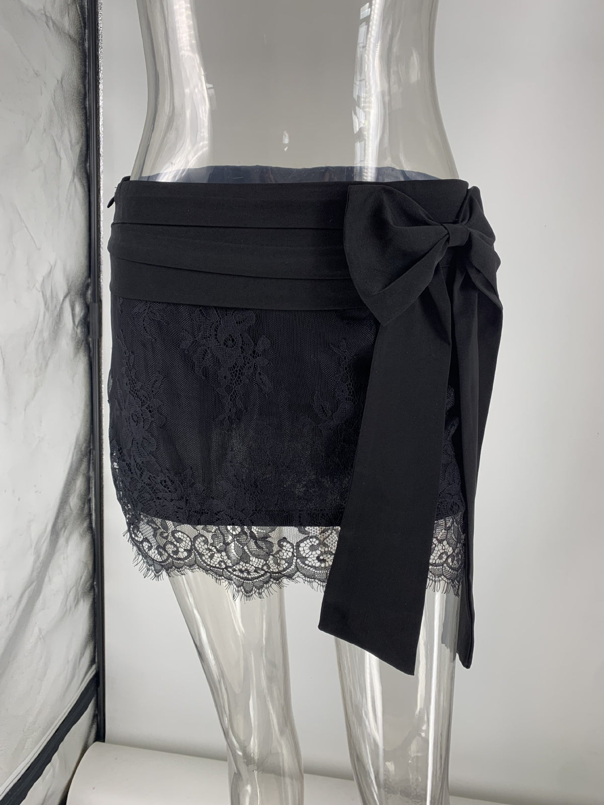Satin Bow Lace Tights Mini Hip Skirt Two Piece Sets Women