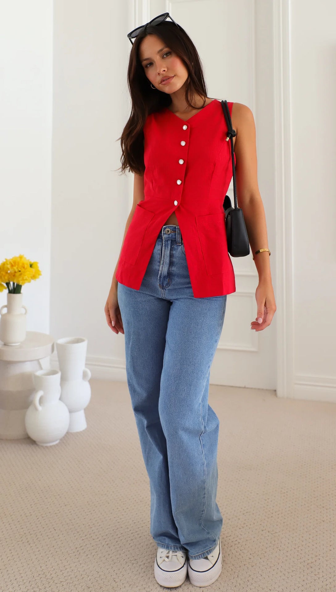 Women Clothing Solid Color V neck Sleeveless Vest Summer Top