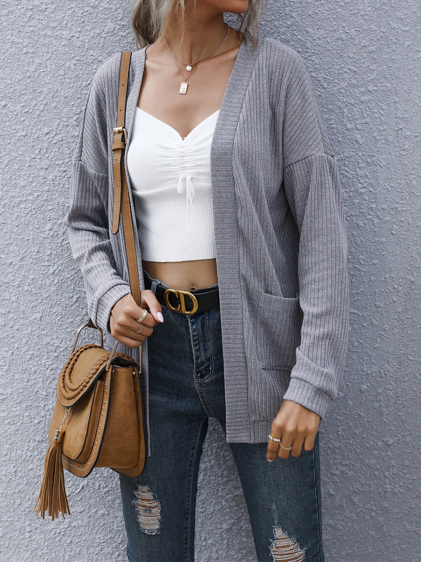 Autumn Winter Casual Women Wear Basic Long Sleeve Solid Color Long Sweater Cardigan