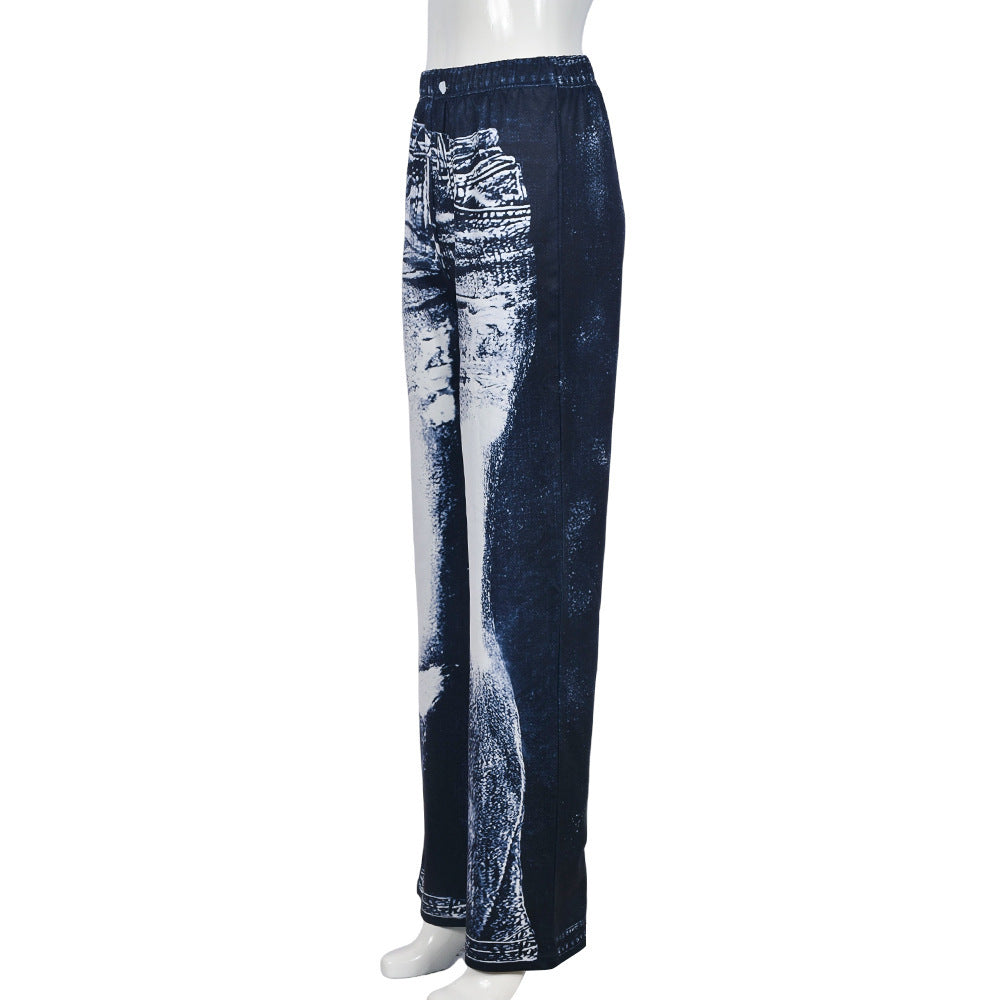Printed High Waist Straight Casual Trousers for Women