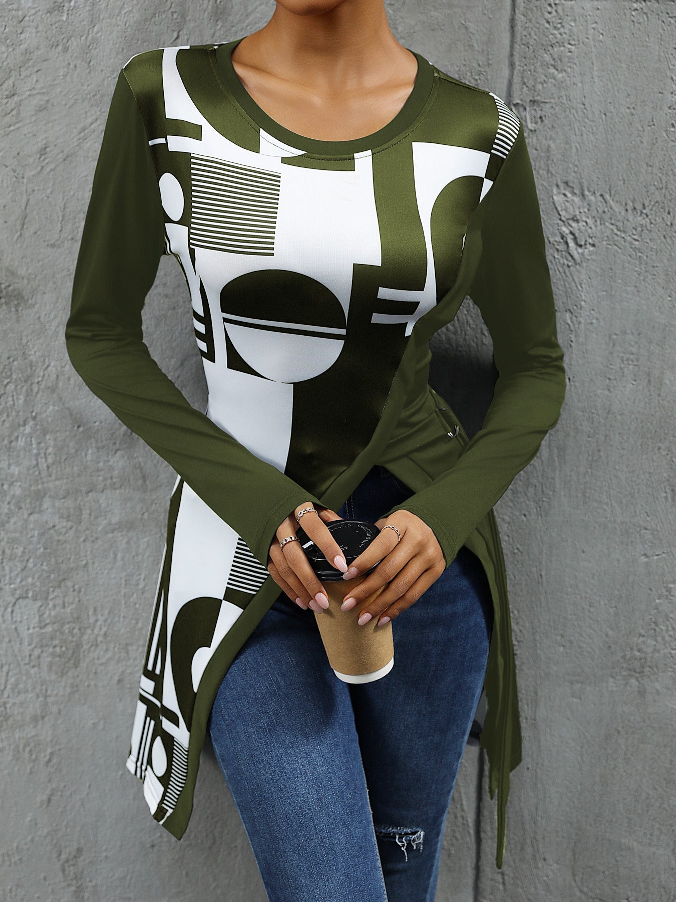 Geometric Abstract Pattern Long Slim T shirt Women Elegant Geometric Abstract Floral Print Slit T shirt