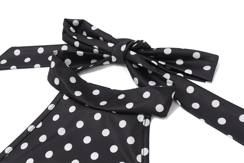 Women Clothing Summer Polka Dot Printed Sexy Backless Waist Trimming Dress