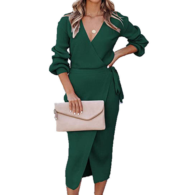 Autumn Winter Women Clothing Maxi Dress Elegant Graceful V-neck Knitted Dress
