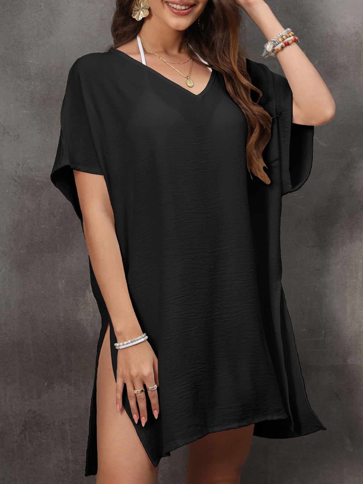 Summer Women Clothing Beach Beach Cover Up V neck Loose Dress