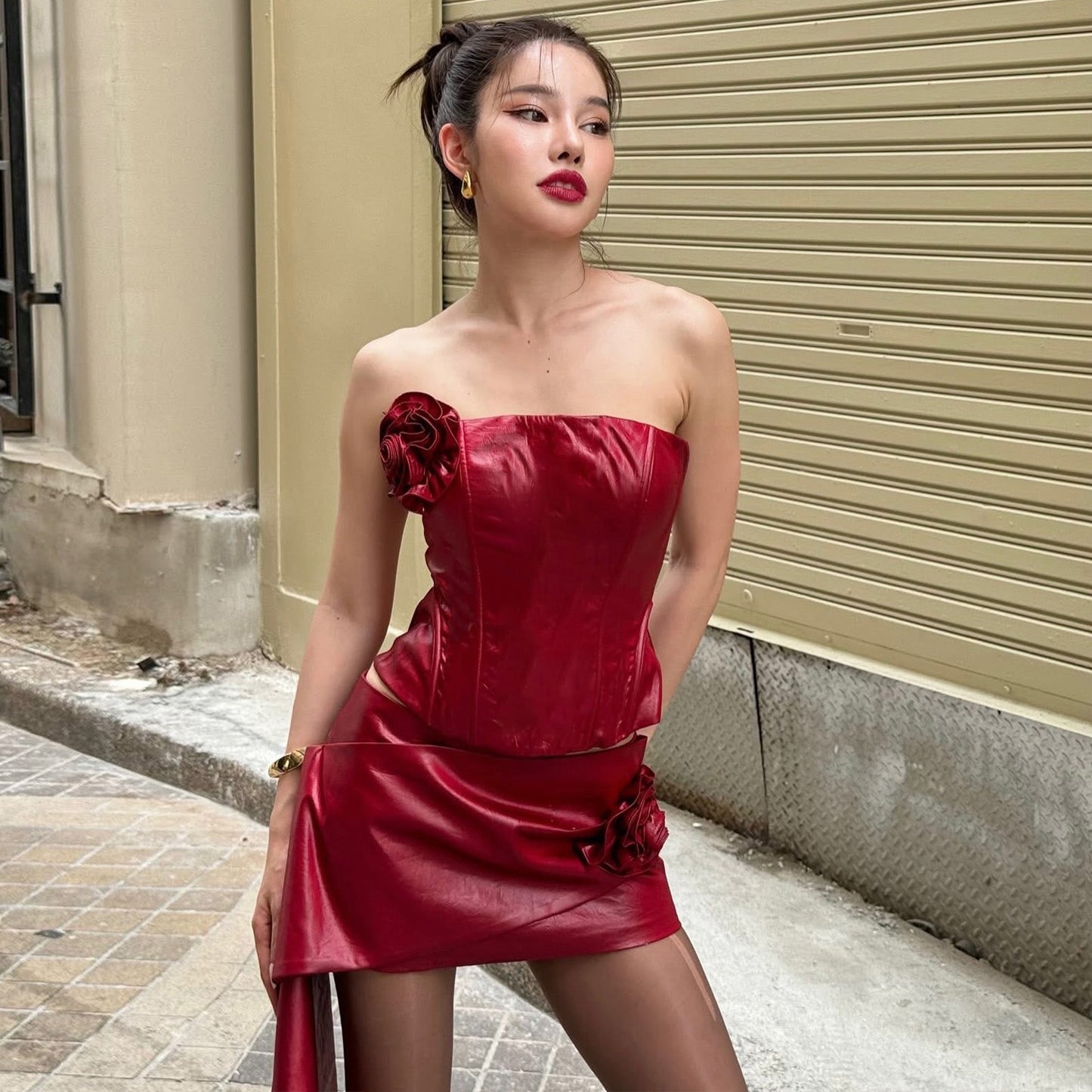 Women Clothing Autumn French Sexy Three Dimensional Floral Faux Leather Tube Top Vest Hip Skirt Set