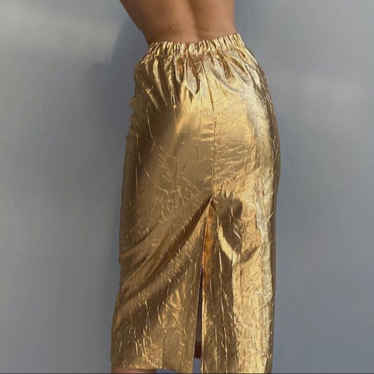 Women Clothing Spring Skirt Pleated High Waist Back Slit Trendy Wild Hip Skirt