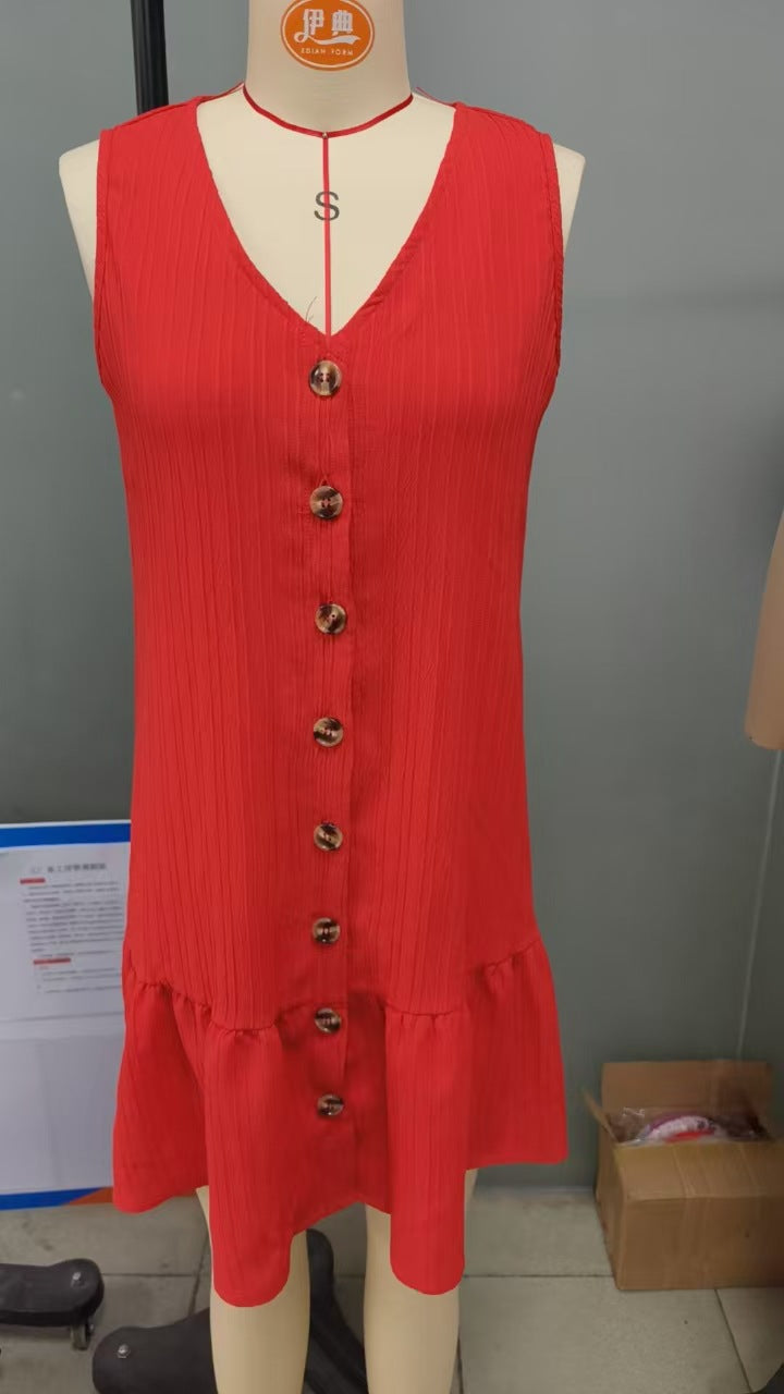 Summer V neck Solid Color Loose Slimming Dress Sleeveless Women
