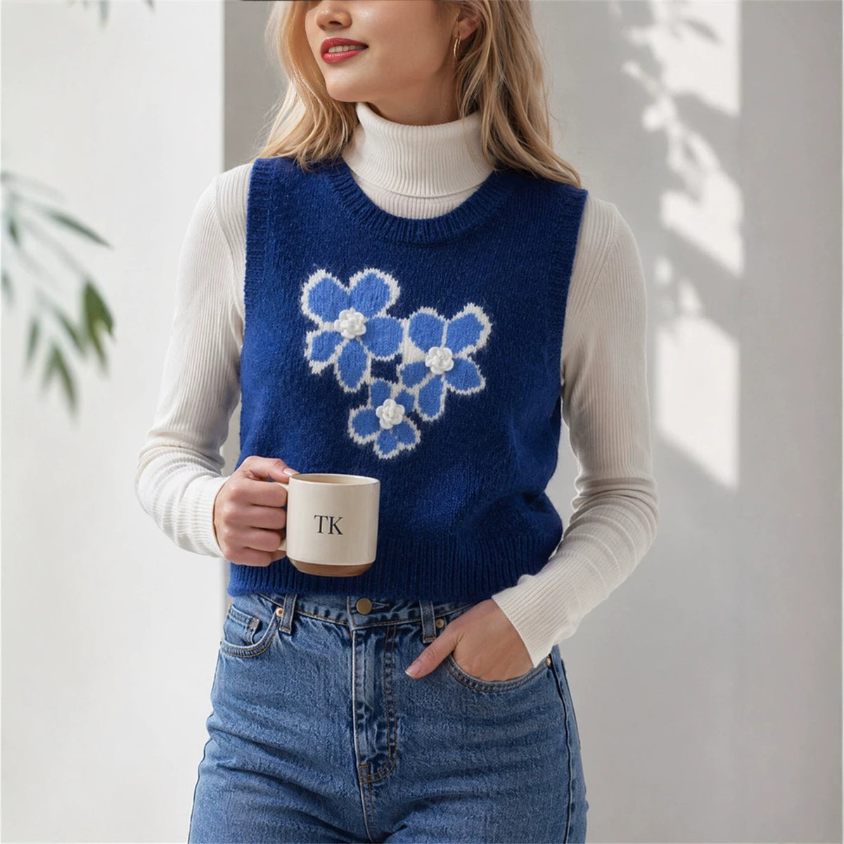 Three Dimensional Floral Jacquard Knitted Vest round Neck Sleeveless Bandage Dress Outerwear Vest Sweater