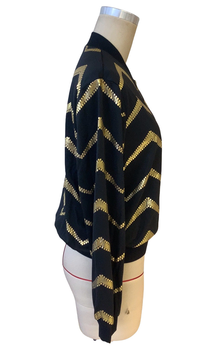Autumn Winter Women Zigzag Bronzing Printed Zip Placket Bomber Jacket Coat