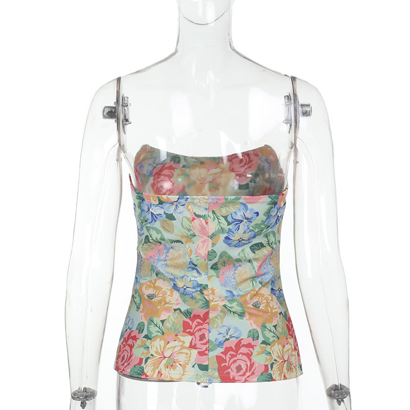 Vest Women Painting Floral Print Top Vacation Curved Neckline Tube Top