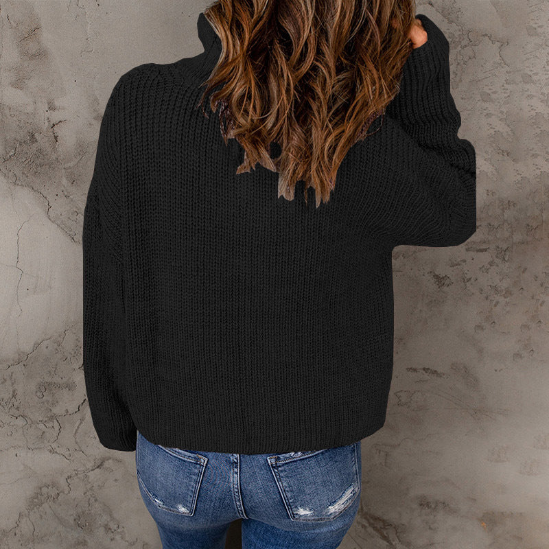Half Open Collar Long Sleeved Top Women Autumn Winter Solid Color Loose High Collar Sunken Stripe Pullover Sweater