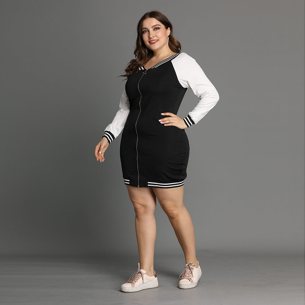 Plus Size Autumn Women Long Sleeve Color Zipper Dress Mid-Length