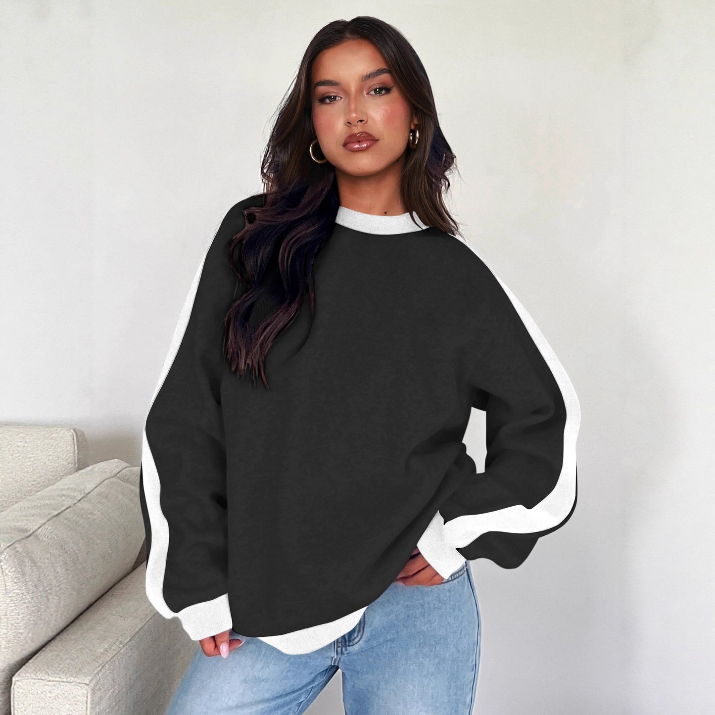 Tide Brand Women Clothing Contrast Color Loose Sweater Knitwear Slimming
