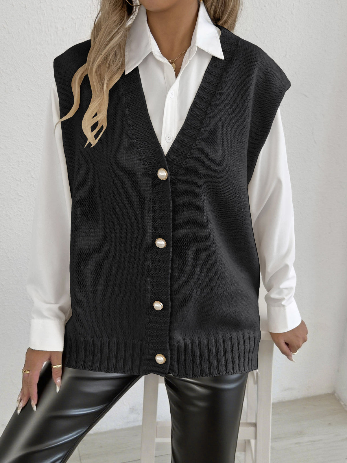 Women Top Autumn Winter Vest Women Clothing Pearl Buckle Loose Casual Cardigan Sweater Vest