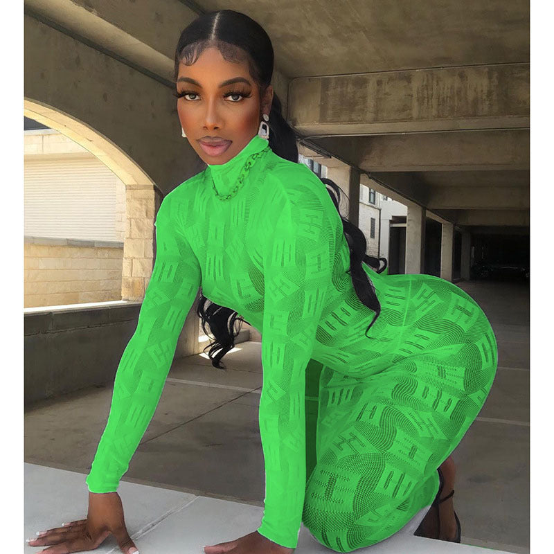 Long Sleeve Letter Graphic Print See through Sexy Dress Sexy Tight Stretch Dress Women
