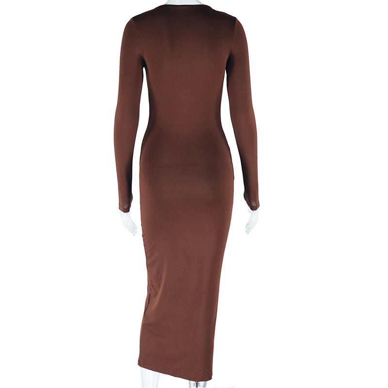 Women Clothing Solid Color round Neck Long Sleeve Pullover Street One Step Dress Dress Dress One Piece