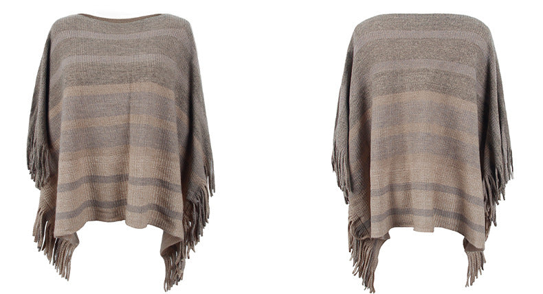 off Neck Tassel Shawl Women Autumn Contrast Color Striped Cape Coat