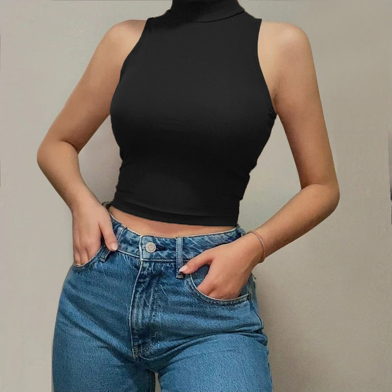 Summer New Skinny Short Sleeveless Cotton T-shirt Women Yoga Sports Inner Half-High Collar Vest