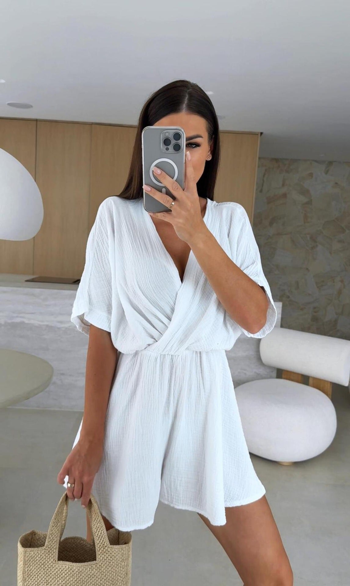 Summer V neck Waist Controlled Solid Color Shorts Jumpsuit for Women