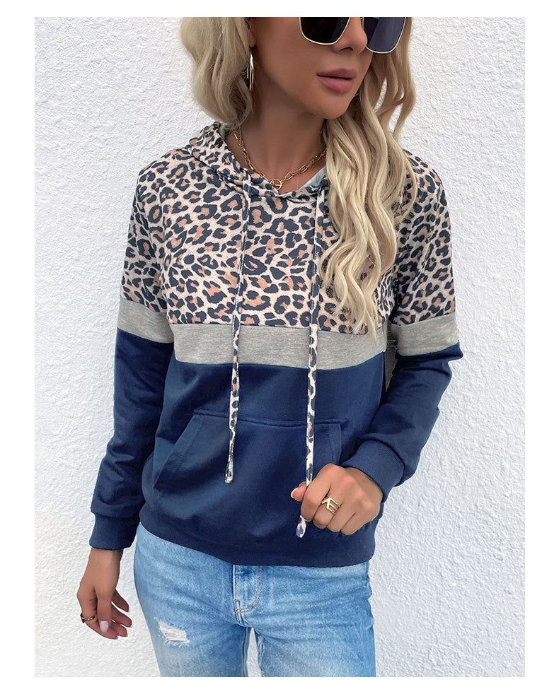 Autumn Women Clothing With Pocket Hoodie With Drawstrings Stitching Leopard Print Sweatshirt