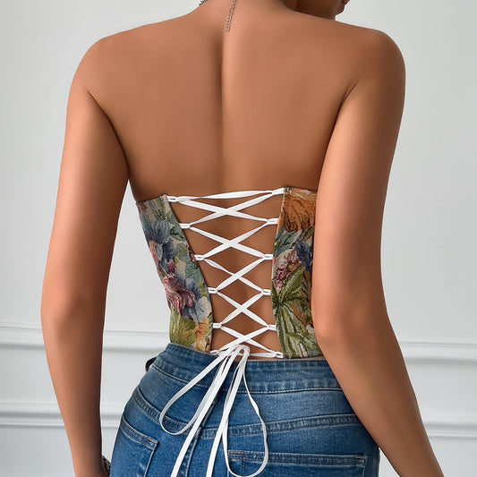 Sexy Vintage Jacquard Slim Fit Lace up Backless Boning Corset Tube Top Women Vest