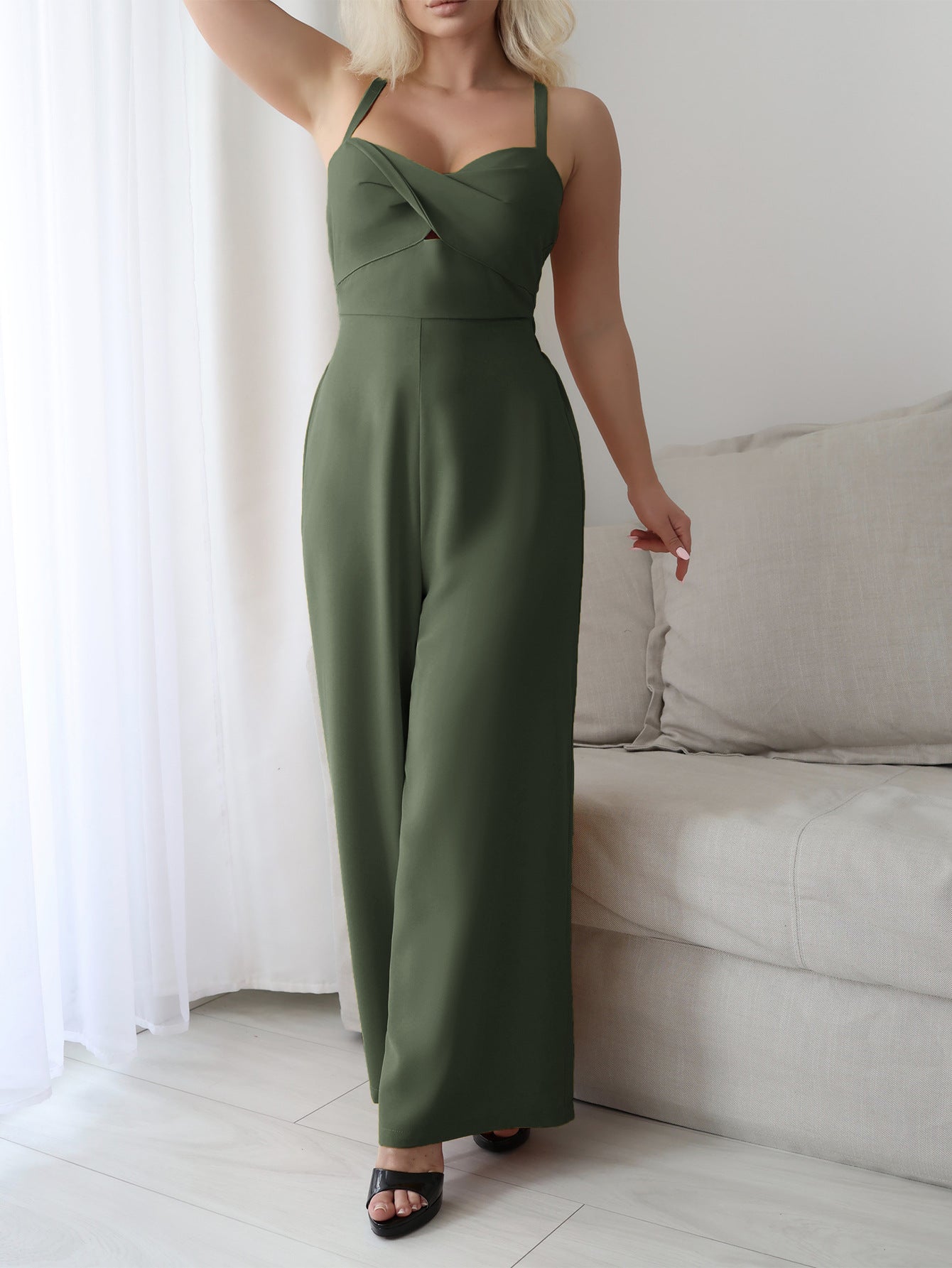 Spring Summer Casual Vacation Office Solid Color Sling Wide Leg Overalls Women Clothing