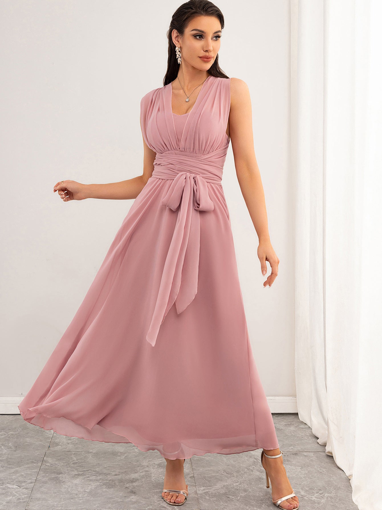 Women Clothing Sexy Backless Chiffon Pink Dress Maxi Dress Summer