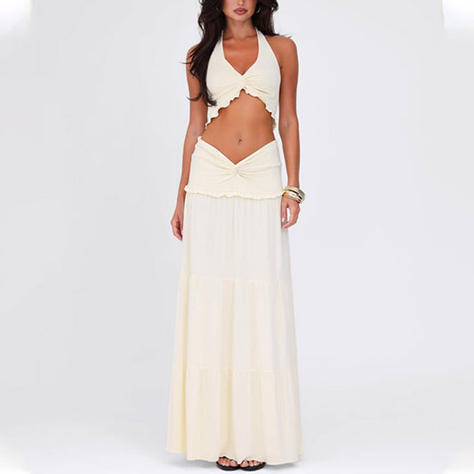 Women Clothing Spring Sexy V neck Ruffled Halter Top Exposed Cropped Twisted Skirt Set Women