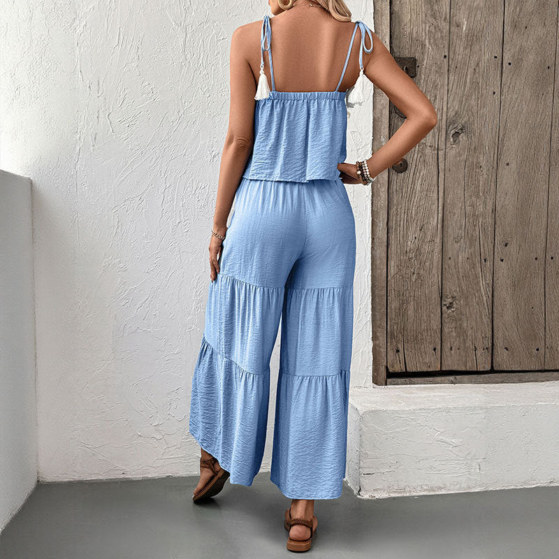 Fresh Air Sling Top Wide Leg Trousers Solid Color Set Two Piece Summer Wear Women