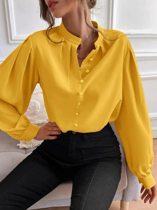Women Shirt Autumn Elegant Solid Color Collared Long Sleeve Single Row Button Loose Women Top