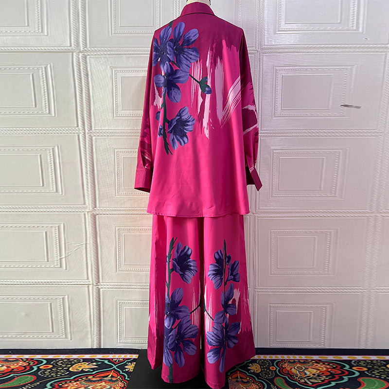 Summer Ink Painting Positioning Printed Long Sleeved Top Wide Leg Pants Two Piece Set
