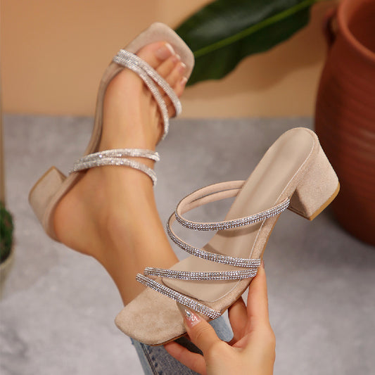 Chunky Heel Rhinestone Thin Strap Mid Heel Sandals Women Two Way Square Toe Slippers