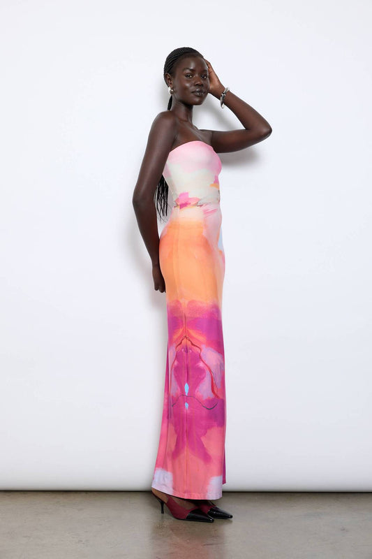 Women Clothing Summer Color Matching Printed Sexy Strapless Long Type Dress Straight Hair