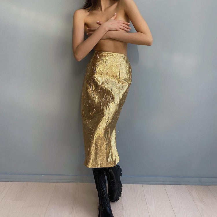 Women Clothing Spring Skirt Pleated High Waist Back Slit Trendy Wild Hip Skirt