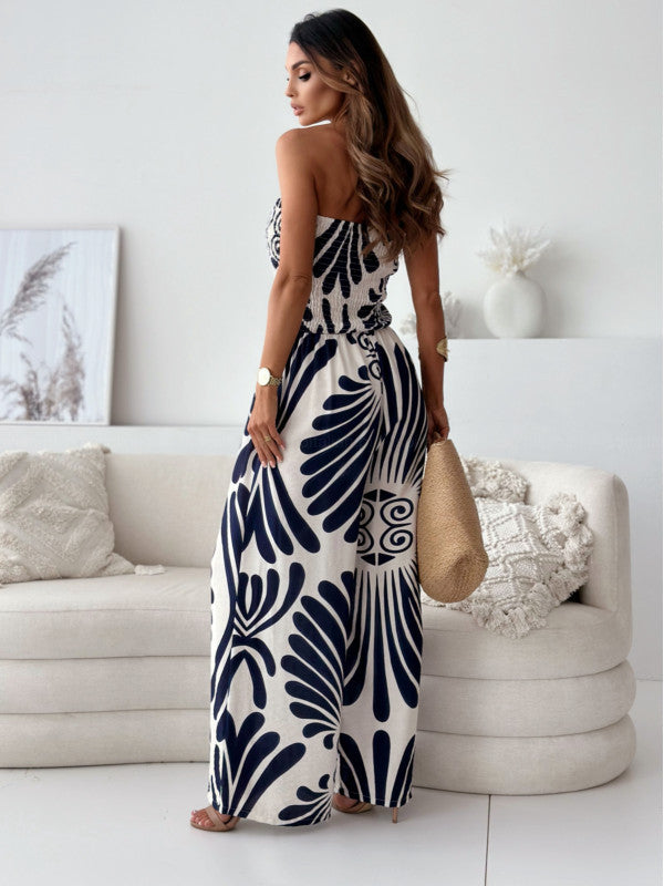 Women Clothing Chemical Supply Summer Printed Tube Top Cinched Waist Trousers Jumpsuit