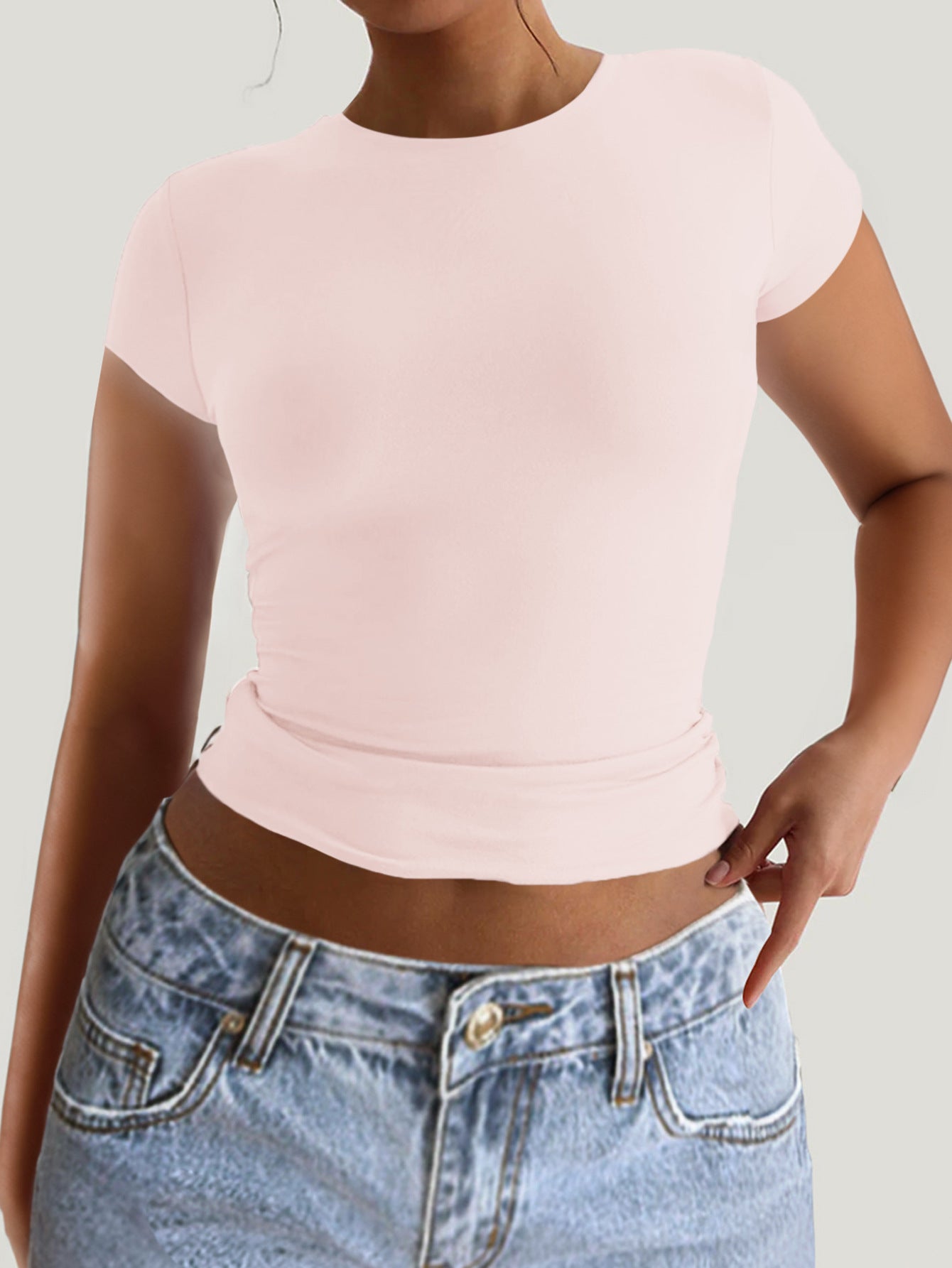 Spring Summer Solid Color round Neck Exposed Back Short Sleeve Sexy Slim Top T shirt Women Clothing