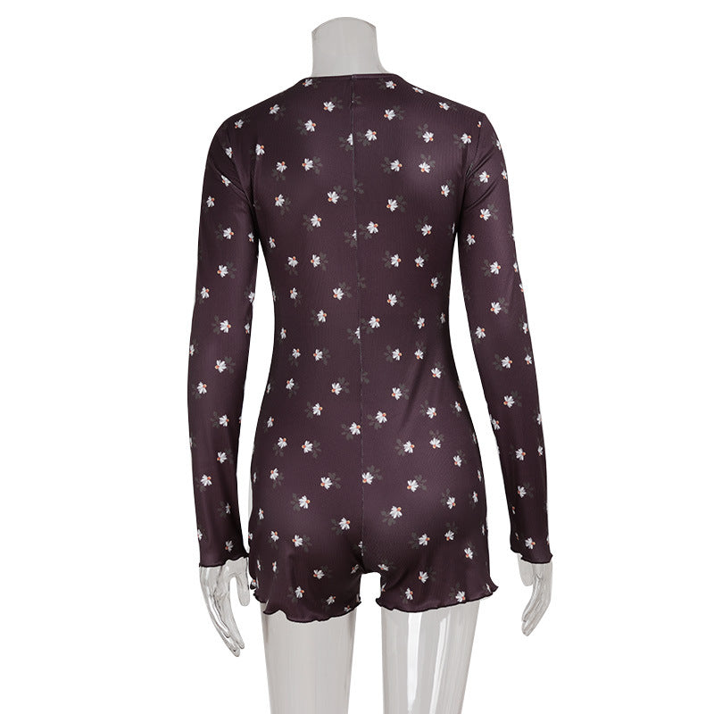 Fall Women Thread Anti Stripe Floral round Neck Long Sleeve Jumpsuit Shorts Women
