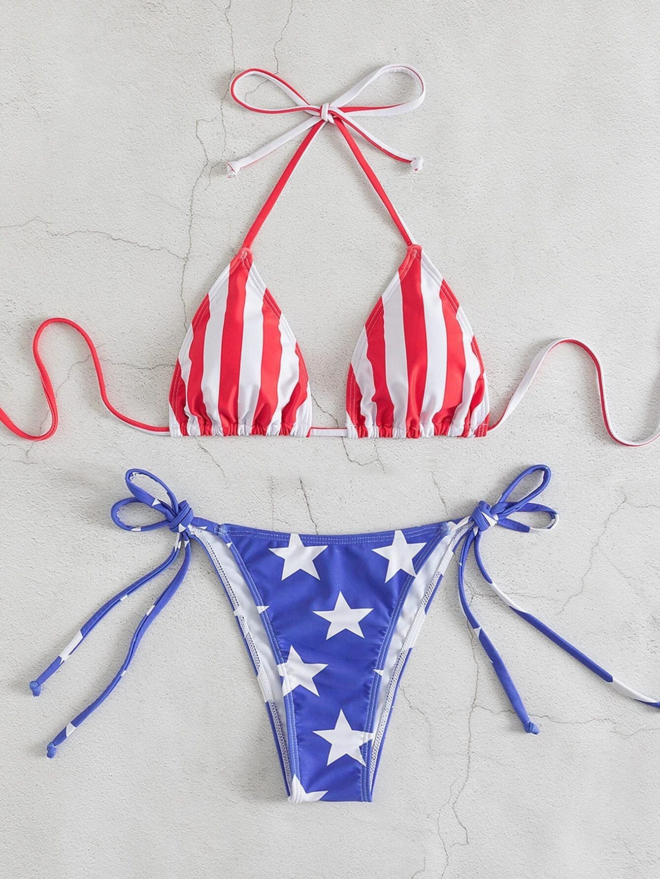 Halter Split Women Swimsuit Colored Triangle Bag Lace up Bikini