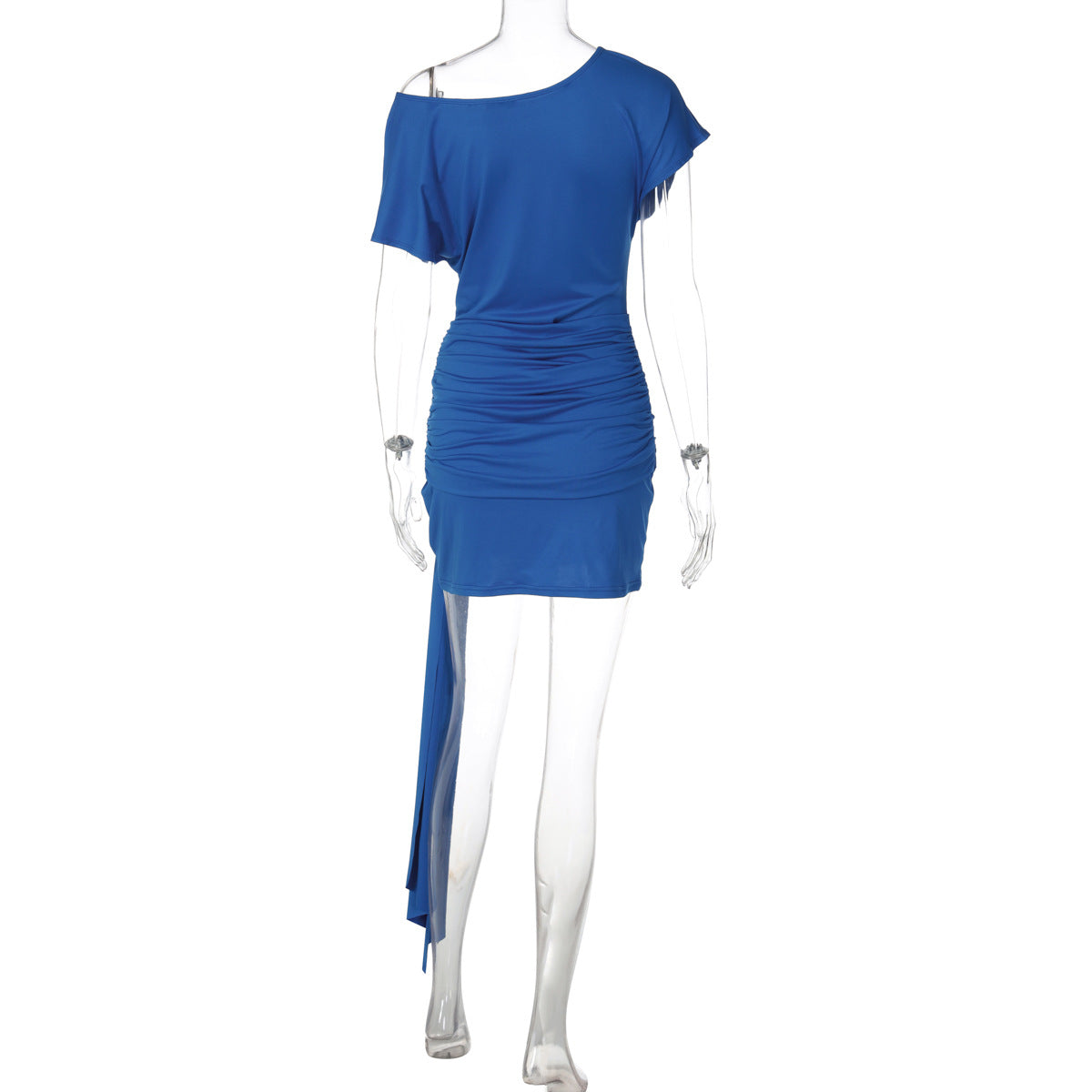 Women Clothing Spring Solid Color Diagonal Collar Short Sleeve Lace up Pleated Waist Tight Slimming Dress