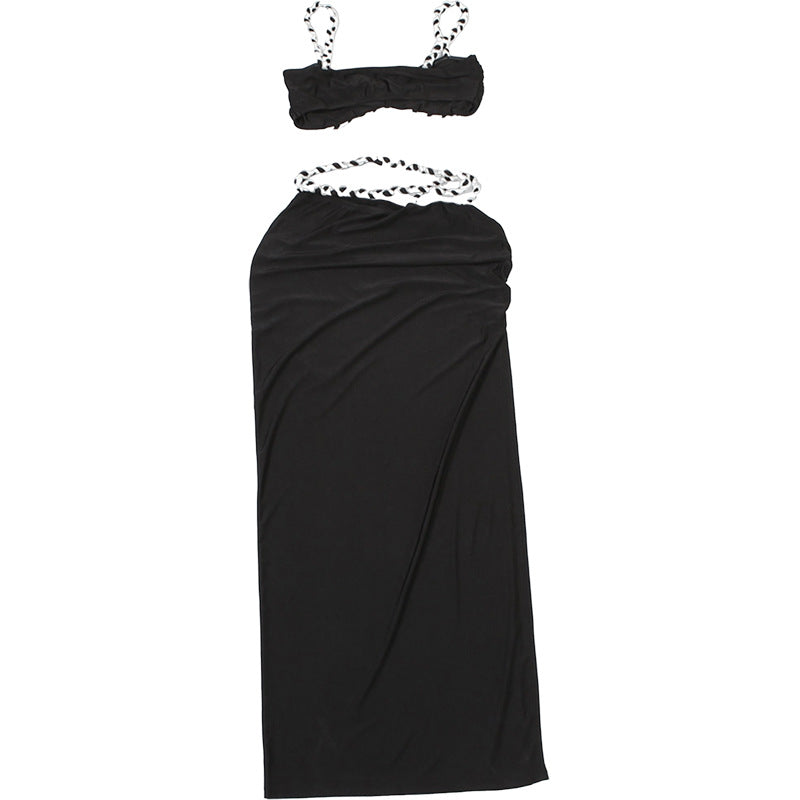 Spring Summer Women Clothing Cool Contrast Color Camisole Sexy Slim Side Slit Skirt Set