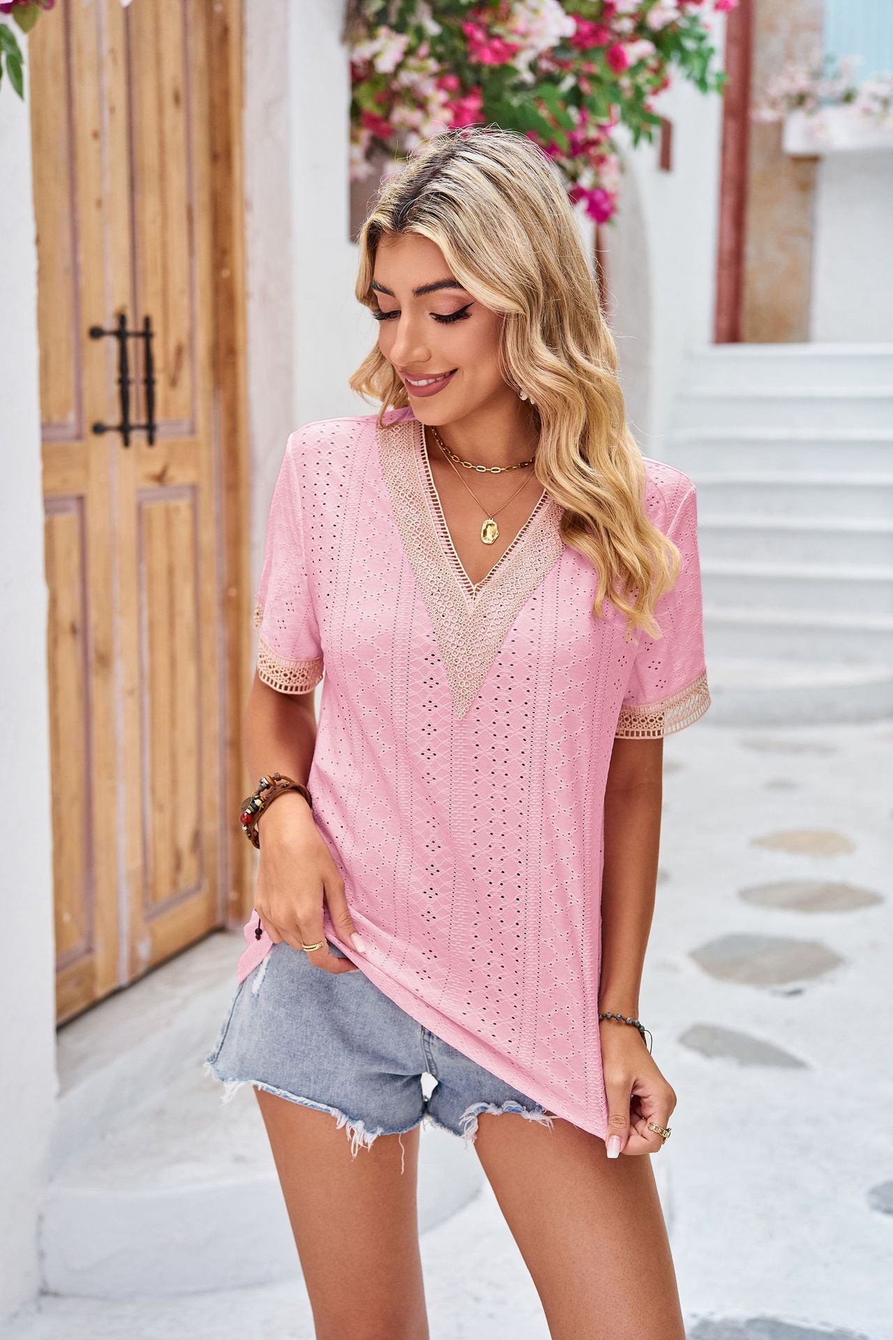 Lace V neck Patchwork Solid Color Loose Short Sleeve Underwear T shirt Top Ladies