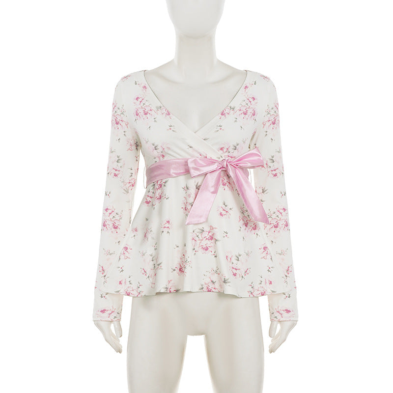 Sweet Pure Floral Print Cross Collar Lace up Long Sleeve T shirt Women Bow Casual Girl a Swing Top