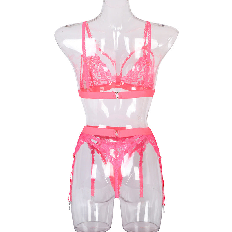 Lace Stitching Underwear Bow Criss Cross Garter Three Piece Set Female